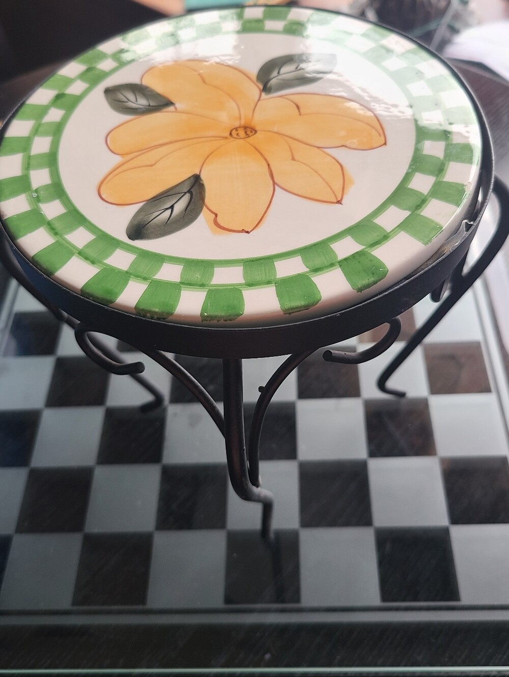 Plant Stand Kitchen Ceramic Top Side Table - Yellow & Green 7.5inches Tall.